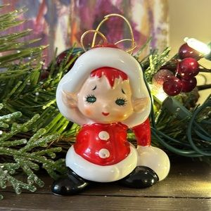 Vintage Lefton Santakin Elf Pixie Ornament Christmas Redhead Santa Hat Japan 50s